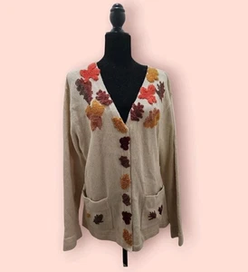 Cárdigan Suéter Vintage J Two New York Crema Otoño Hoja Bordado Tejido Talla XL - Imagen 1 de 7