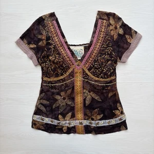 Faith Y2K Babydoll Oberteil Blumen Damen klein gesmokter Rücken Spitze skurril Fee gold - Bild 1 von 12