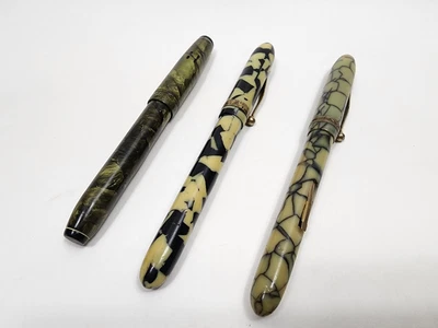 Antiguo Lote Pluma Estilográfica Wilrite Mármol Verde y Negro Placa Oro 14kt Foto 1 de 4