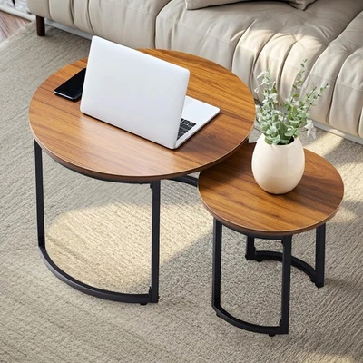 Nesting Coffee Table Set of 2, Wood Round Side Tables with Adjustable Non-Sli... - Image 1 of 4