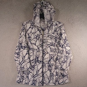 Chico's Zenergy Lightweight Floral Blue Zip Jacket Hooded Windbreaker Size 2 - Picture 1 of 11