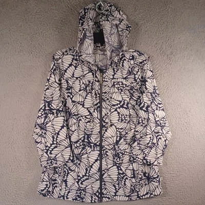 Chico's Zenergy Lightweight Floral Blue Zip Jacket Hooded Windbreaker Size 2 - Image 1 of 4