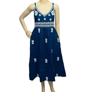 Gretchen Scott Dress Midi Fiesta Time Hand Embroidery Blue Smocked/Back Sz S - Picture 1 of 14