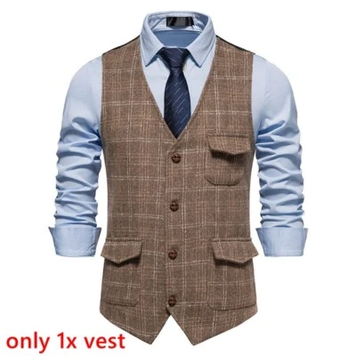 Mens Checked Plaid Suit Waistcoat V-neck Vest Gilet Button Formal Office Retro - Image 1 of 4
