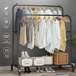 Heavy Duty Double Clothes Rail Hanging Rack Garment Display Stand Shoes Storage - Picture 1 of 37