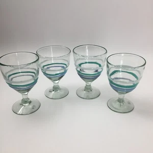 4 Anthropologie Mexican Glass Art Goblets Swirls Of Teal Green Blue White NEW - Picture 1 of 7