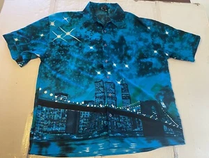 Vint. R-World XXL Men’s Button Up Collar Blue SHIRT, NYC Pre 9-11 Skyline - Picture 1 of 16
