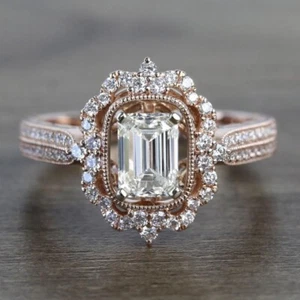 2.50 CT Emerald Cut Moissanite Unique Halo Engagement Ring 14k Rose Gold Plated - Picture 1 of 7