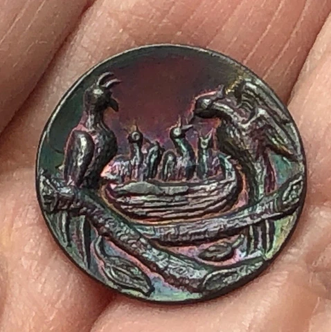 Antique  Picture Button ~ 2 BIRDS & HATCHLINGS ON NEST~rose tinted pewter 11/16" Cover