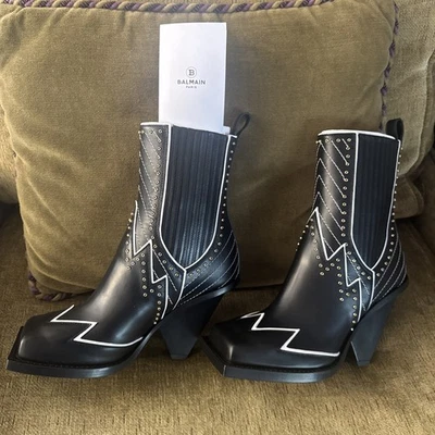 Balmain Paris 全新女式踝靴 黑色皮革设计师踝靴 EU 37 美国 6.5  — 第 1/4 张图片