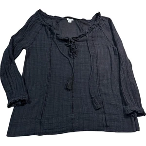 Blusa túnica Sundance negra de gasa de algodón con cordones y borlas para mujer M - Imagen 1 de 7