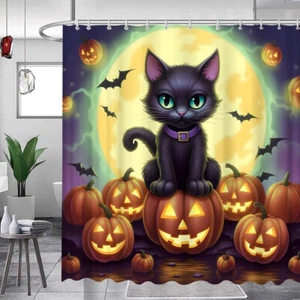 Halloween Shower Curtain Cute Black Cat Standing Pumpkin Head Full Moon Bat - Picture 1 of 6