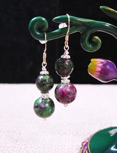 Stunning Sterling Silver Hand Cut Faceted Ruby in Zoisite Dangle Earrings F9 - Picture 1 of 2