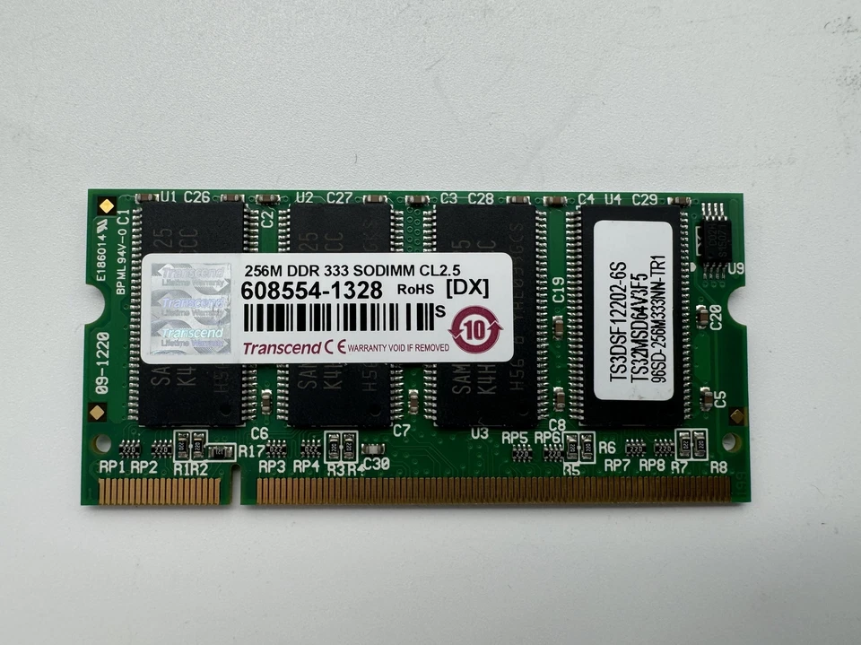 Ts3dsf12202-6s , 256mb ddr 333 sodimm cl2.5,ts32msd64v3f5 - Image 1 of 2