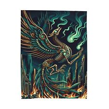 Velveteen Plush Blanket Art Deco Gothic Skeleton Phoenix Retro City Flames Decor