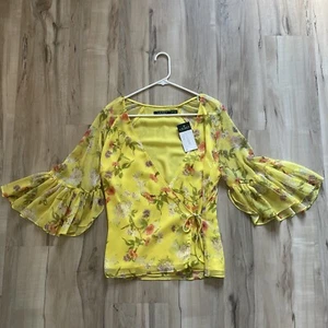 NWT $100 Ralph Lauren Yellow Floral Blouse Wrap Top Ruffle Bell Sleeve PM NEW!! - Picture 1 of 15