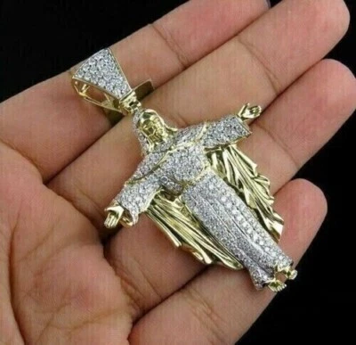Настоящий муассанит мужской кулон с подвеской в виде Иисуса круглой огранки 2 карата покрытие желтым золотом 14 карат - Изображение 1 из 4