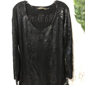 Ed Hardy Vintage Y2K Black Bling Tunic Dress Womens Size XL Snakeskin Mini - Picture 1 of 20