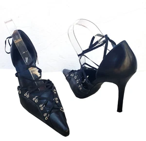 Vintage Aldo Pumps 7.5 Black Pointed Toe Lace Up Corset Heels Stilettos 38 Y2K - Picture 1 of 9