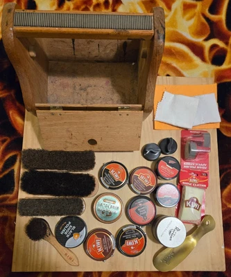 Kit de brillo de zapatos kiwi vintage caja de madera llena de contenido cepillos trapos pulidos Foto 1 de 4