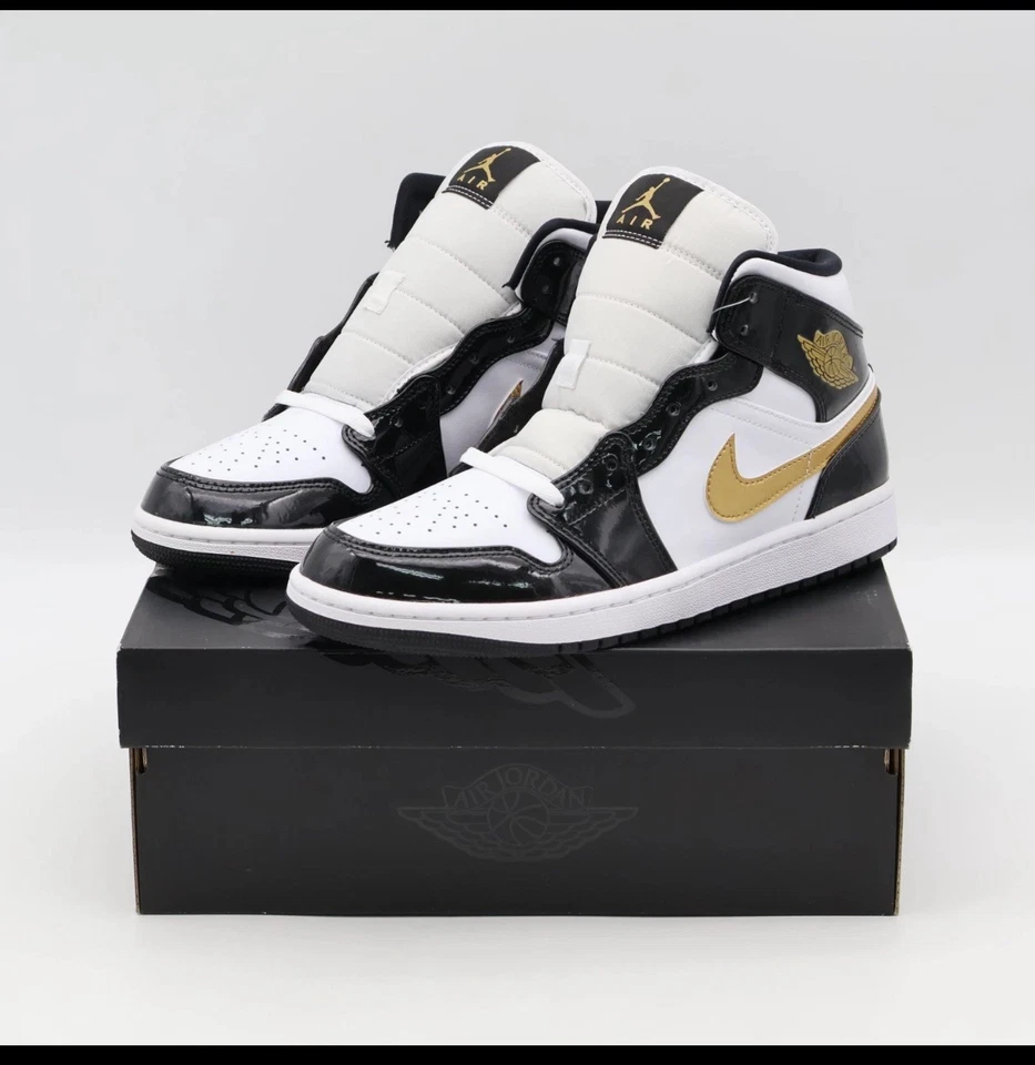 Air Jordan 1 Mid Patente Negro/Blanco Dorado 852542-007 Talla 8.5 Foto 1 de 1