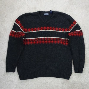 Vintage Jumper Mens Extra Large Charcoal Red Fair Isle Shetland Wool Hong Kong - Picture 1 of 9