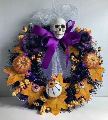 Skull Wreath Spooky Door Decor Scary Skull LED Light EyeBalls Purple Roses 13.5" - Image 1 of 4