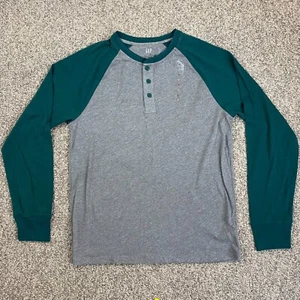 GAP Everyday Shirt Mens Medium Green & Gray Long Sleeve Henley Raglan Sleeve - Picture 1 of 12