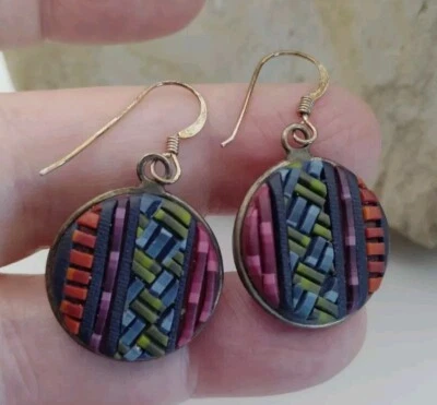 Vintage Round Multi Colored Leather/Rubber Drop Dangle Hook Fashion Earrings - Image 1 of 4