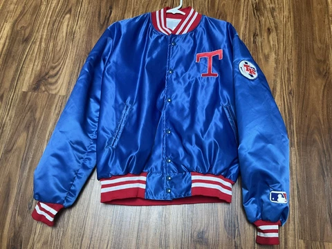 Rare Vintage Texas Rangers Satin Varsity Jacket 90s Blue SZ L USA Made Cover