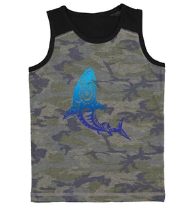 Tribal Shark - Great White Ocean Beach Pattern Fish Youth Contrast Tank Top - Picture 1 of 7