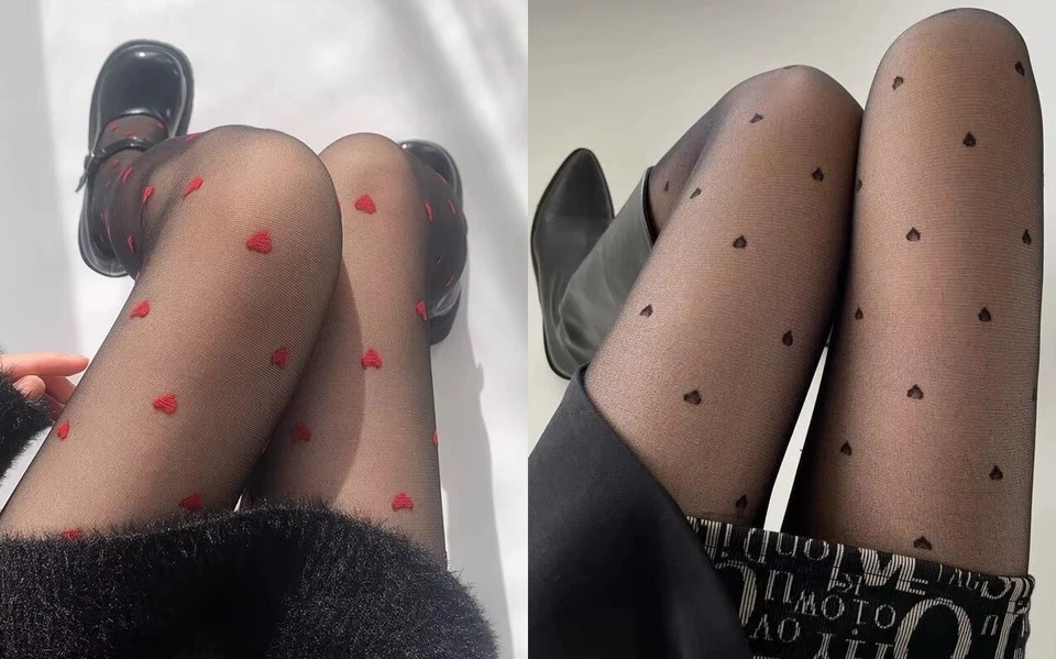 NEW HEART PATTERNED PANTYHOSE SHAPED STOCKINGS TIGHTS RED BLACK THIN SHEER LOVE - Image 1 of 4