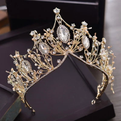 7,5 cm große Kristallperlen Gold Diadem Krone Hochzeit Königin Abschlussball Prinzessin für Frauen - Bild 1 von 4