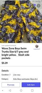 Wave Zone Boys Swim Trunks Size 6/7 grey and bright yellow. Slash side pockets - Picture 1 of 4