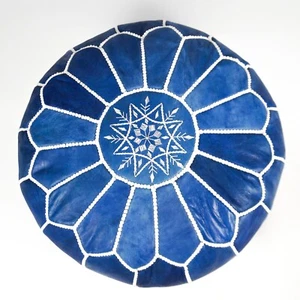 Blue Moroccan Leather Pouf – Handmade Ottoman Footstool –Premium Genuine Leather - Picture 1 of 8