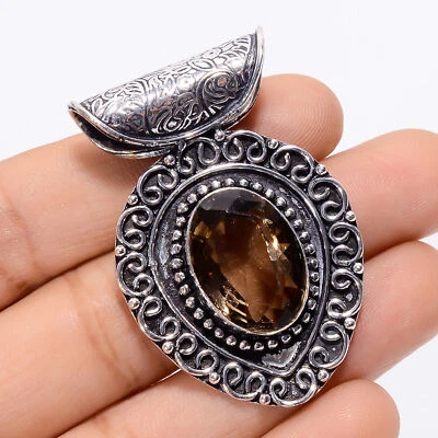 Lab-Created Smoky Quartz Gemstone 925 Silver Handmade Pendant 1.7" ARP-4114 - Image 1 of 3