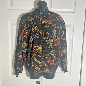 Vintage 80s Caliche Jacket Women Small Black Tan Red Tribal Full Zip Oversized - Picture 1 of 13
