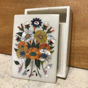 Box Stone Inlaid Marble Inlaid Mother of Pearl Malachite Trinket Box - Picture 1 of 8