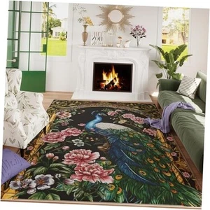 Living Room Rug 5x7 Rug Machine Washable Floral Peacock Area Rug Non Slip - Picture 1 of 8