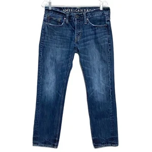 Pantalones de mezclilla ajustados American Eagle vintage Y2K desgastados lavado oscuro bigotes para hombre 30 x 30 - Imagen 1 de 7