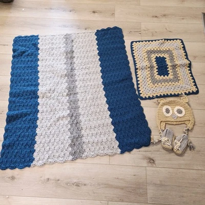 Hand Made Crocheted Baby Blanket Hat Beanie Booties Lovey Blue Gray Tan - Image 1 of 4