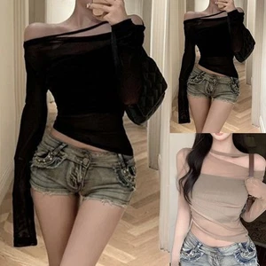 Elegant Women See Through Off Shoulder Slim TShirt Top for Sophisticated Style - Picture 1 of 36