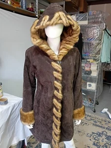 Dennis Basso women's suede leather jacket faux fur lined coat Brown hood size 1X - Picture 1 of 7