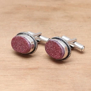 Pink Drusy Gemstone Handmade Ethnic Birthday Gift Silver Jewelry Cufflinks 2.5'' - Picture 1 of 7