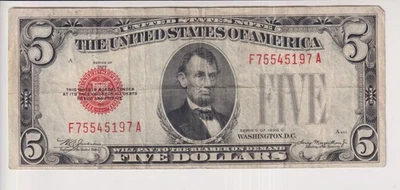 NOTA DE CINCO DÓLARES ESTADOS UNIDOS SÉRIE ESTADOS UNIDOS 1928 C $5 NOTA SELO VERMELHO - Imagem 1 de 2