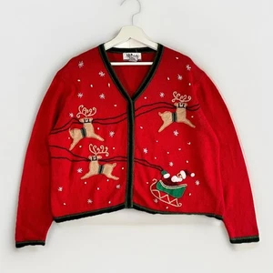 Vintage Reference Point Strickjacke Damen XL rot Weihnachten Rentier Weihnachtsmann Pullover - Bild 1 von 10