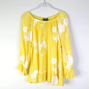 Liv Los Angeles Top Damen L gelb weiß bestickt Rüschen Bauern Boho Neu ohne Etikett - Bild 1 von 8