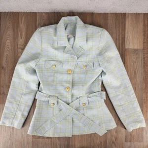 Vernelle Vintage Size 10 Blue Plaid Blazer Jacket Belted Gold Button Career - Picture 1 of 8