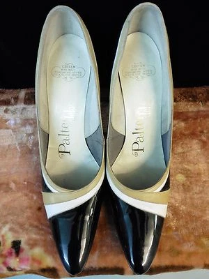 50s 60s Black Patent Heels w/White & Tan Accents 7.5 US shoe sz  by Palter Debs - Image 1 of 4