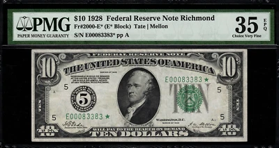 1928 $10 Federal Reserve Note Richmond FR-2000-E* - Star Note - PMG 35 EPQ - Image 1 of 2